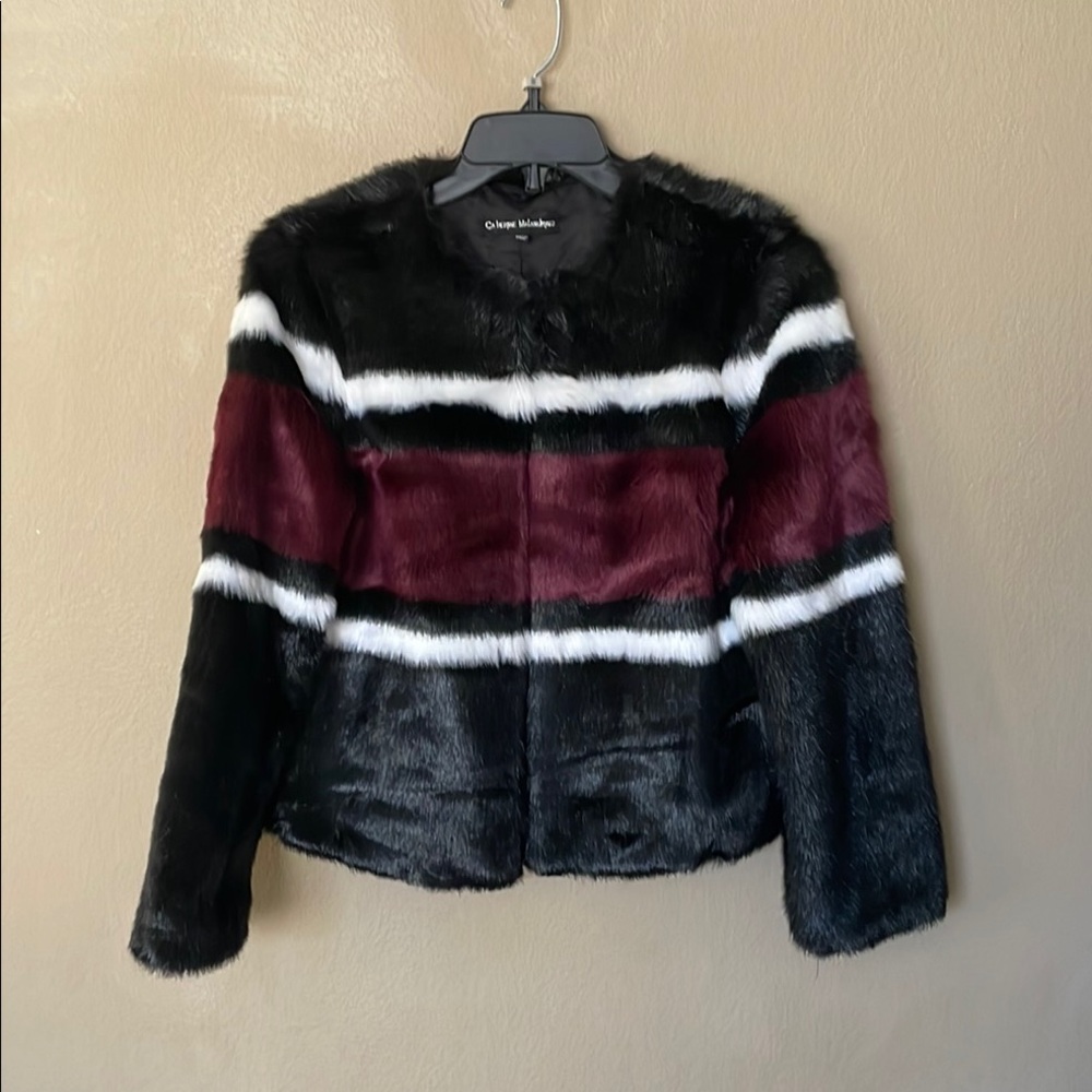 Catherine Malandrino Chic Black, White and Burgundy Faux Fur Jacket